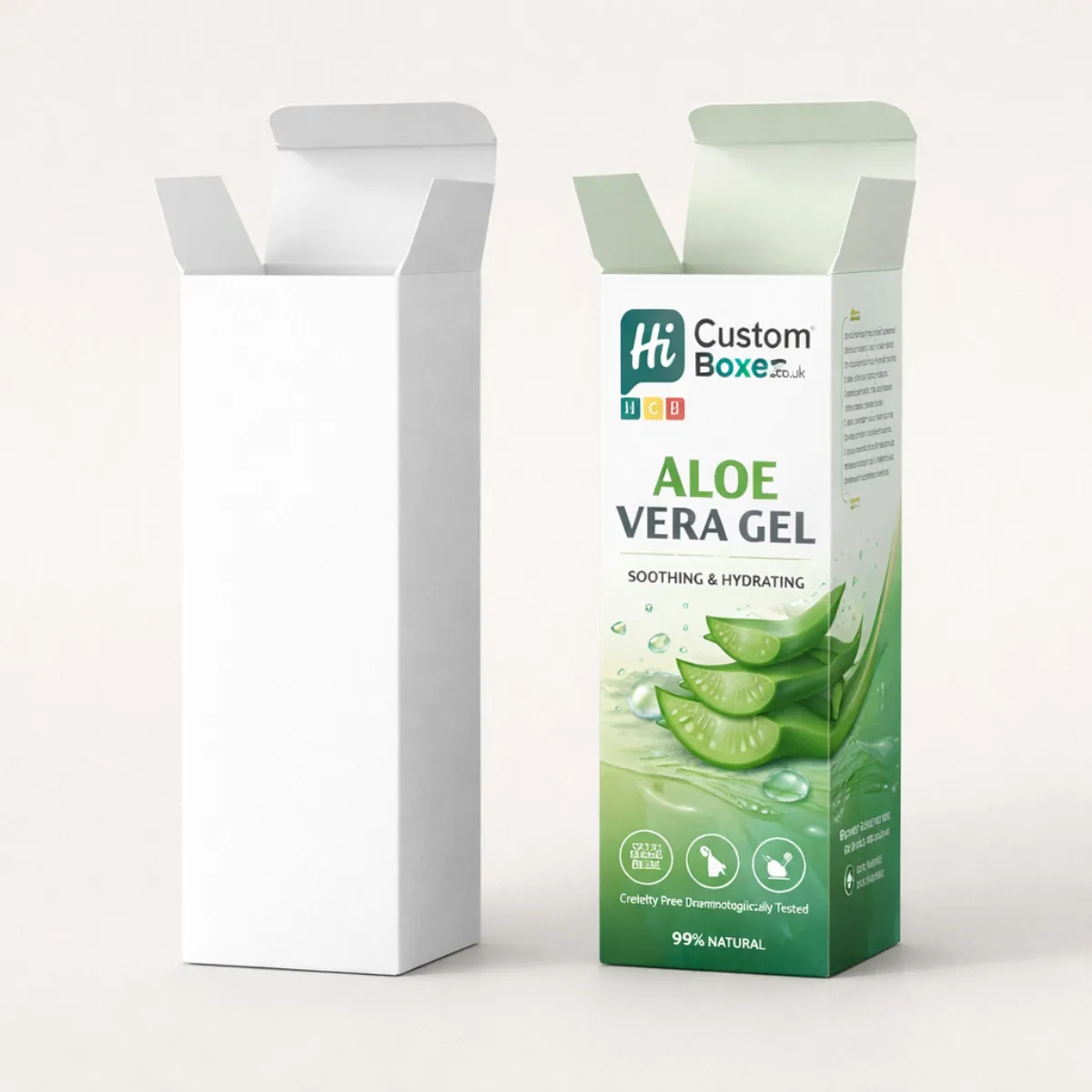 Two tall, slim cardboard boxes: one plain white and one printed with green aloe vera graphics.